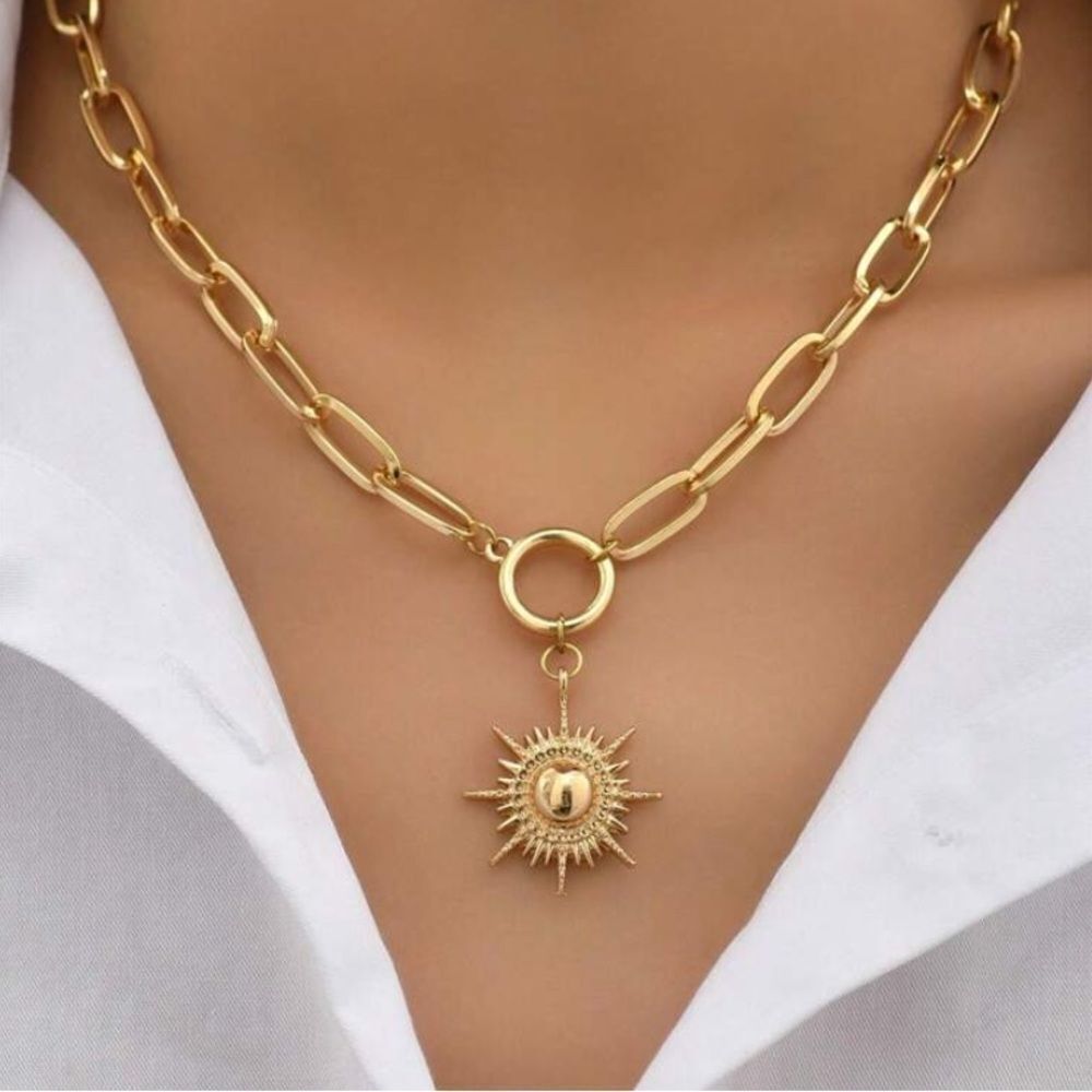 Gold Sunburst Pendant Chain Necklace - Women Jewelry